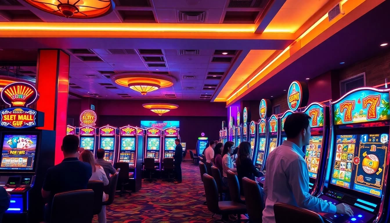 Permainan slot online yang menarik dengan mesin slot dan suasana kasino yang bersemangat.