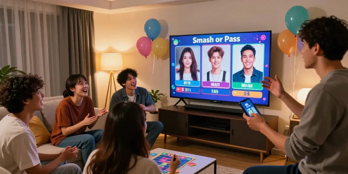 Friends playing Smash or Pass game with AI-generated images in a lively social setting.