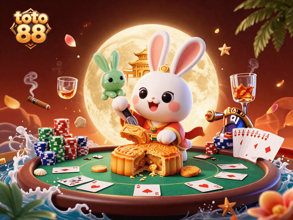 Experience the thrill of toto 88 with vibrant moon rabbit characters and poker chips in a 3D casino scene.