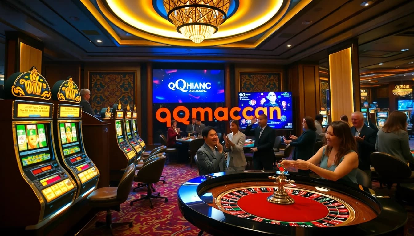 Excited players engaging with qqmacan slot machines in a luxurious casino setting.