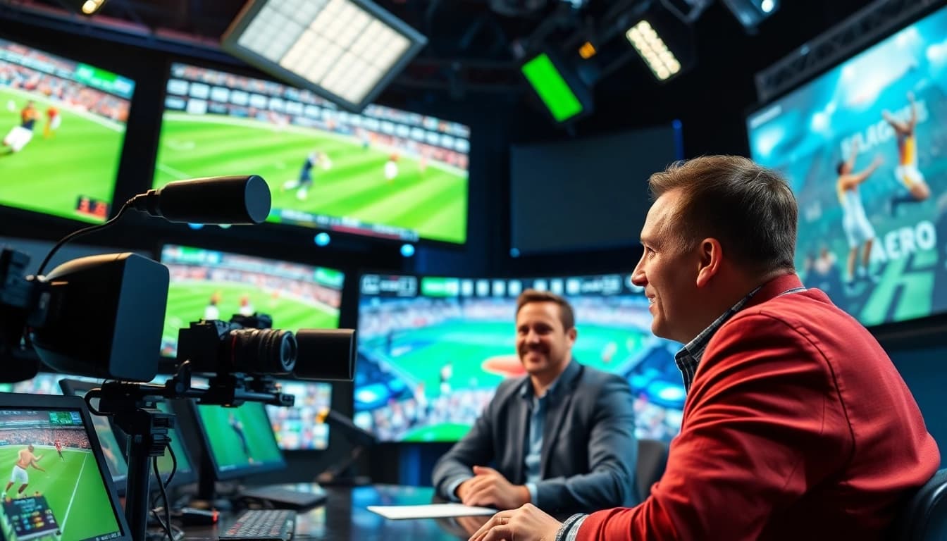 Dynamic setting of sports broadcasting with hosts discussing live events and vibrant screens.