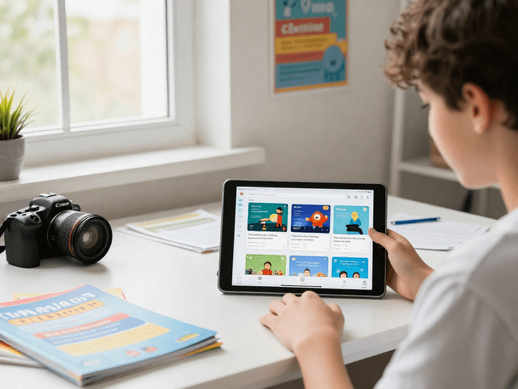 Pag-download ng mga educational apps sa bd188 sa maliwanag at masayang study area.