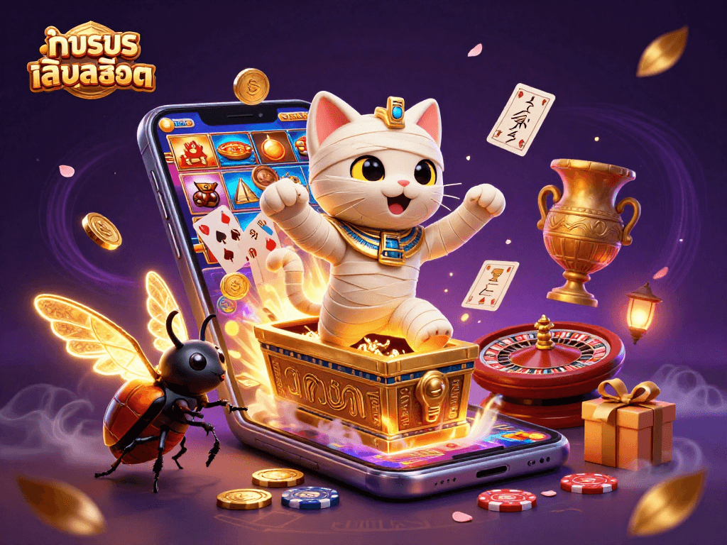 Engage in ทดลองเล่นสล็อต with a dynamic scene of a mummy cat in a pyramid casino, capturing the essence of playful gaming.