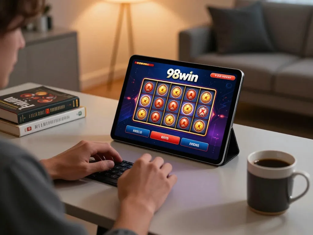 Player enjoying 98win online casino app in cozy home office atmosphere.