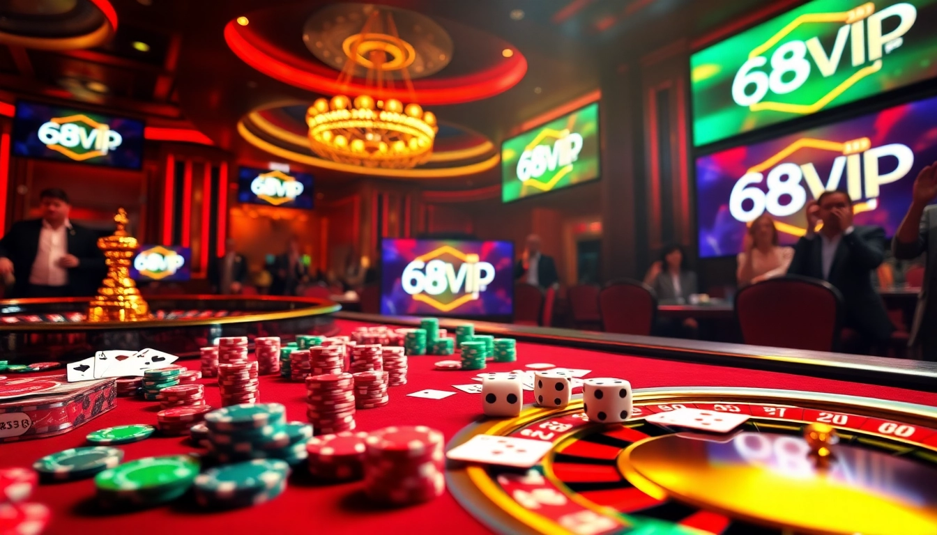 Experience the excitement of 68VIP with a vibrant casino scene featuring poker chips, cards, and a roulette wheel.