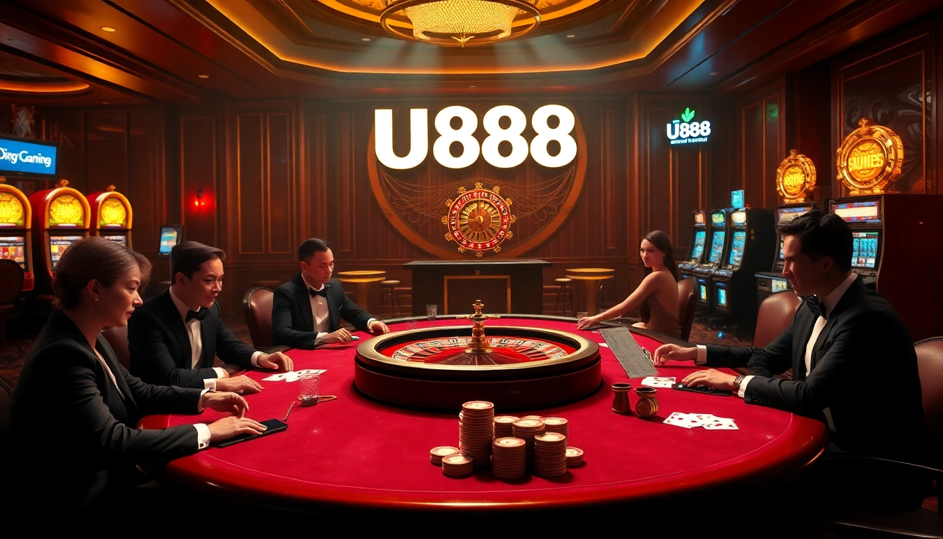 Engaging U888 players at an opulent casino table with roulette and poker chips.