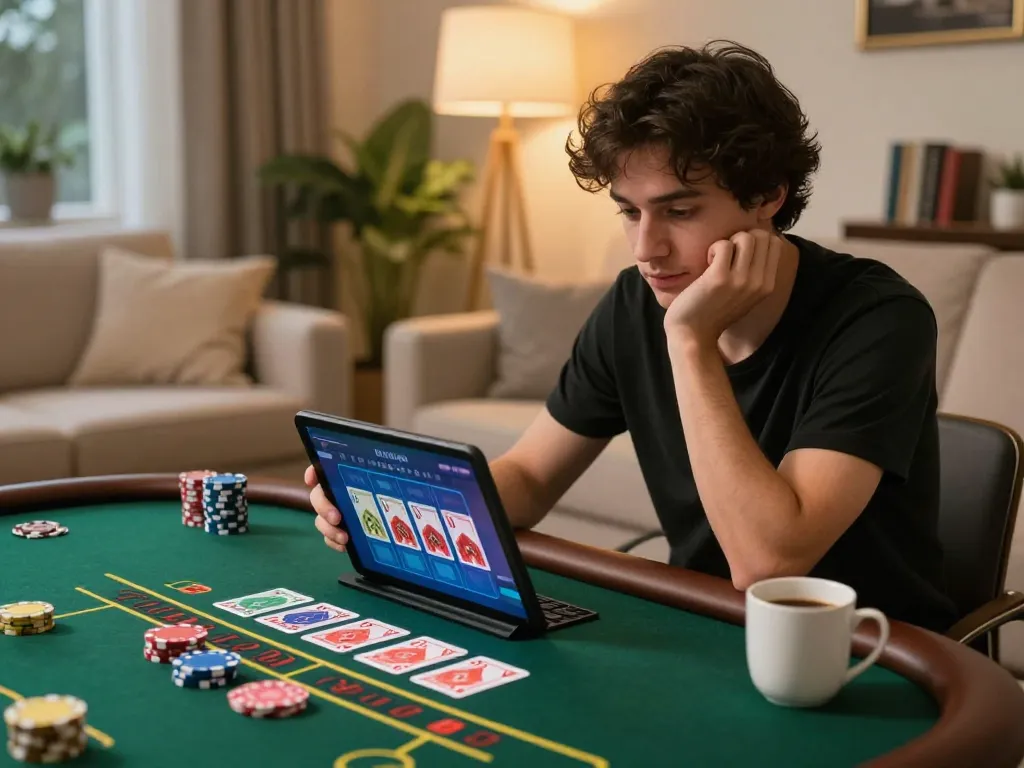 Player engaged in 3win live dealer blackjack on tablet, analyzing cards in a cozy setting