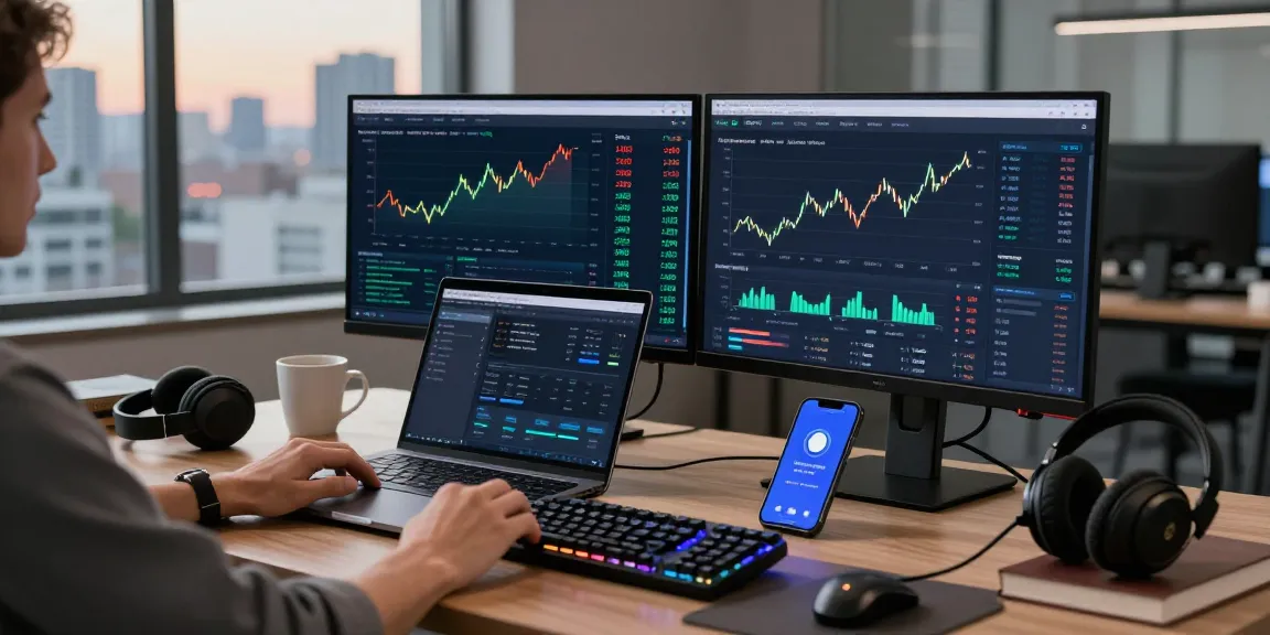 Cricbet trading setup in a modern office with cryptocurrency charts, digital wallet, and DeFi platform displays.
