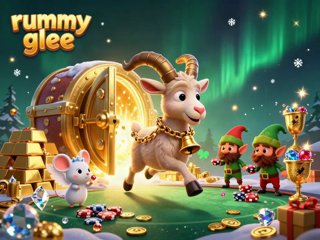 Gambaran permainan Rummy Glee dengan karakter ikonik dan elemen kasino yang menggoda.