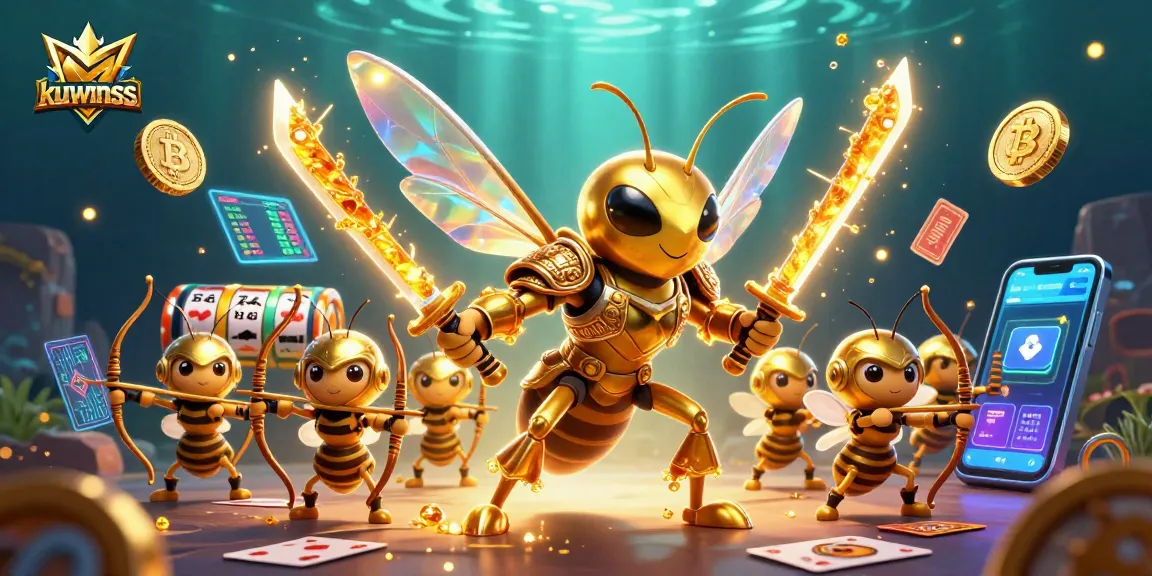 Kuwinss promotion illustration showcasing a golden hornet samurai with slot reels and digital currencies.