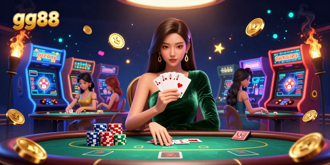 Experience thrilling poker gameplay at gg88 with stunning casino elements and a beautiful dealer.