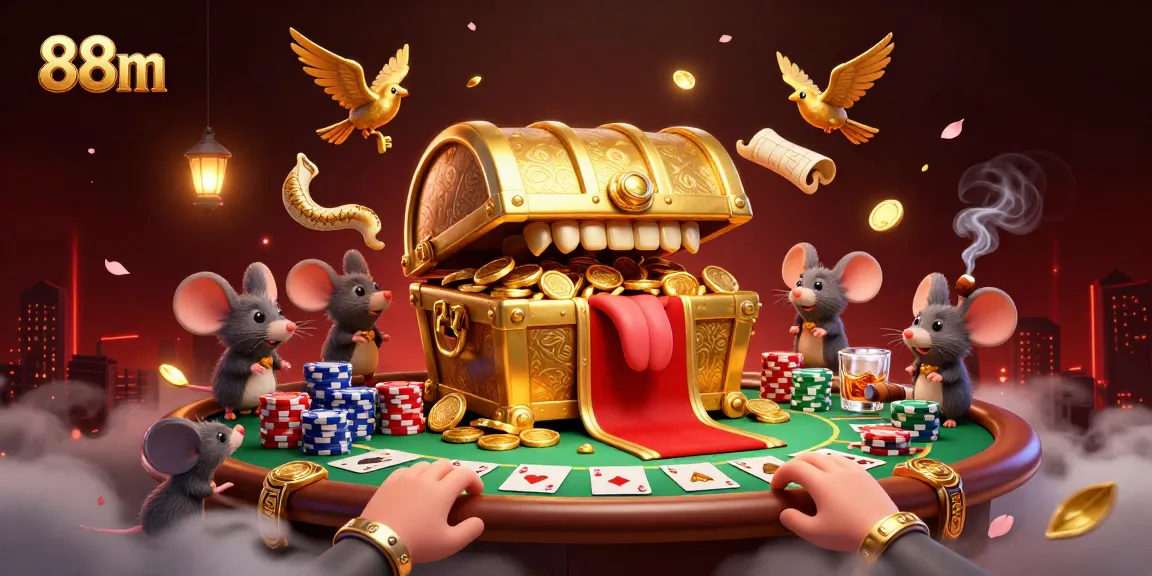 Engage with 88m's exciting casino scene featuring adventurer mice exploring a treasure chest, poker riches, and vibrant game elements.