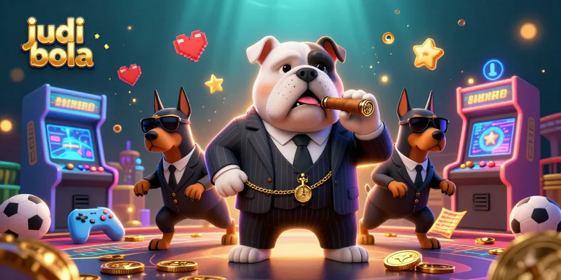 Engage in judi bola online with a powerful cartoon mafia boss and his bodyguards amidst vibrant casino-themed gaming elements.