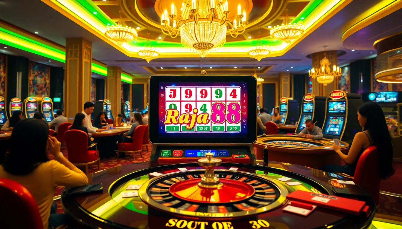 Players enjoying the excitement of slot api raja 88 at a luxurious casino with vibrant slot machines and betting action.