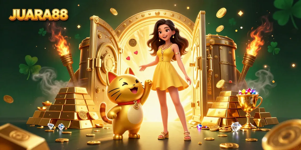 JUARA88 showcases a vibrant scene of a joyful Asian woman and a lucky cat amidst casino treasures, highlighting gambling excitement.