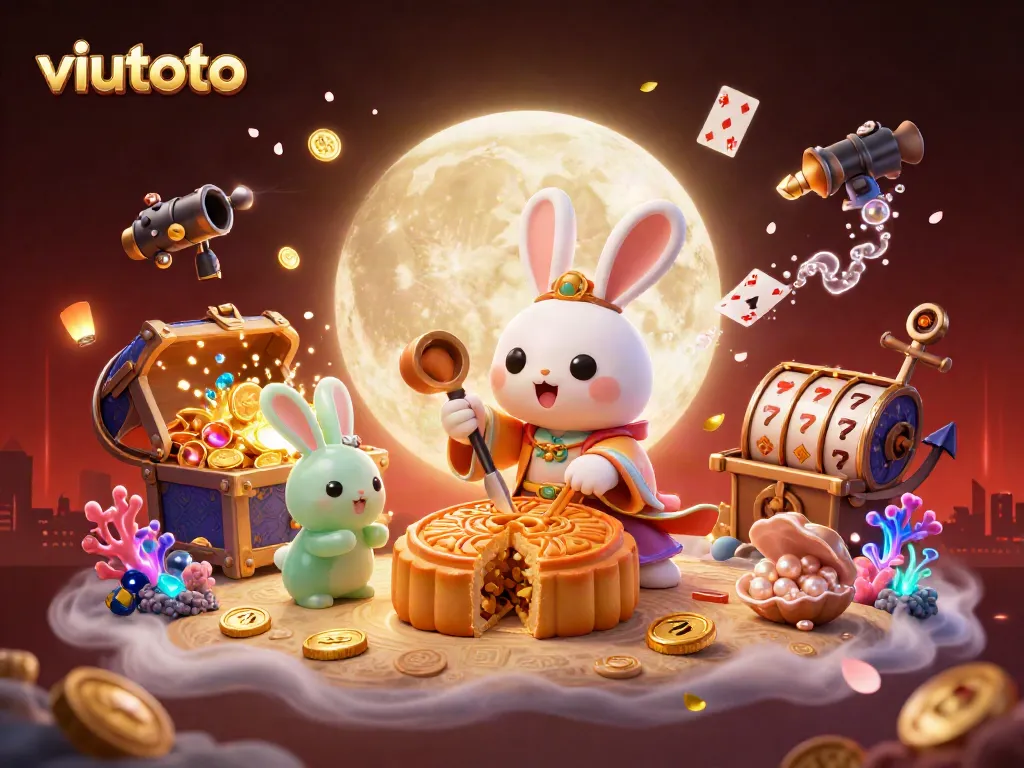 Viutoto menghadirkan simbol keberuntungan dalam ilustrasi kasino dengan tema bulan penuh dan detail gaya kartun.
