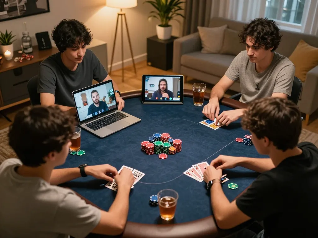 Players enjoying Poker88 online gaming session with laptops and strategy notes.