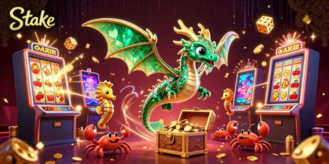 Stake's immersive 3D casino scene features a dragon, slot machines, and vibrant gaming action.