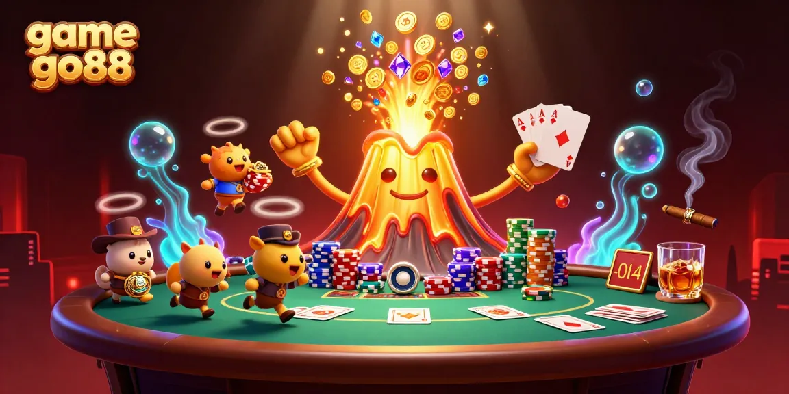 Experience the excitement of game go88 as treasure-filled explorers flee a golden volcano in this dynamic casino scene.