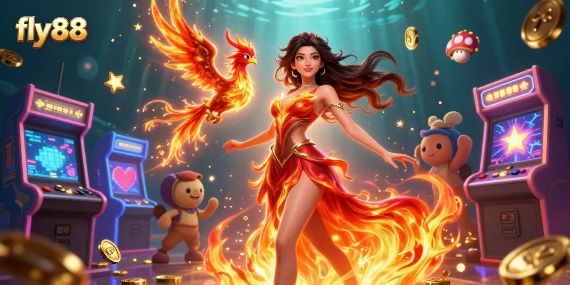Experience the thrill at fly88 with a stunning 3D representation of dynamic casino elements and vibrant characters.