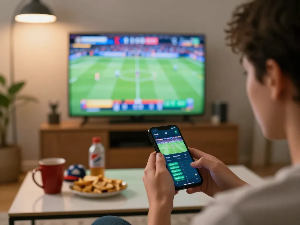 Soi kèo action as a user analyzes live sports betting on their smartphone, engaged in the thrilling atmosphere of gambling