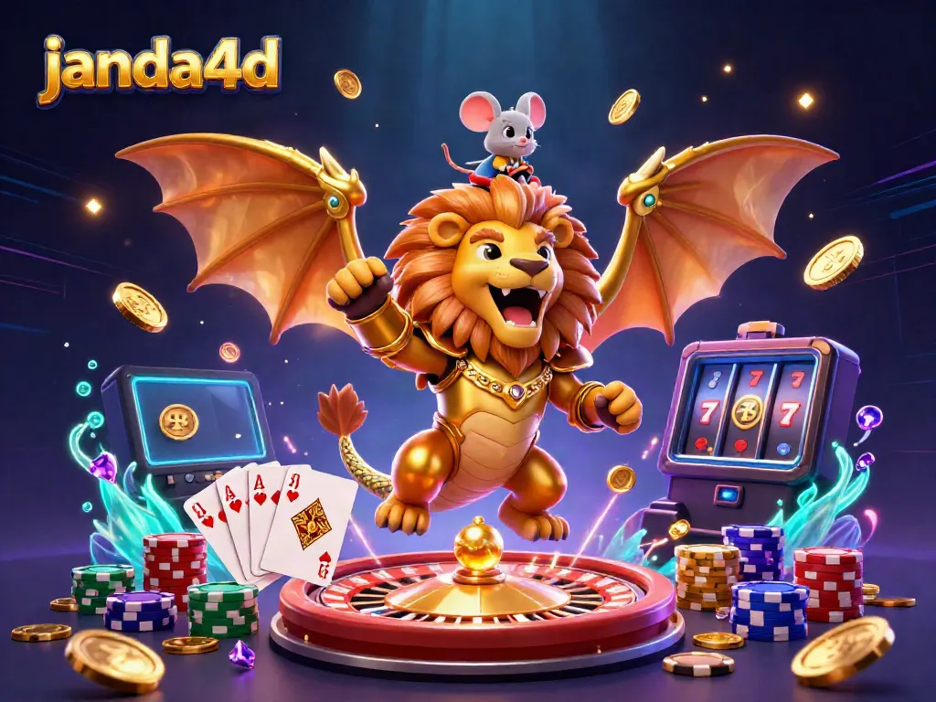 Gambarkan suasana meriah di janda4d dengan chimera emas sedang bersorak dikelilingi koin emas dan roda roulette.