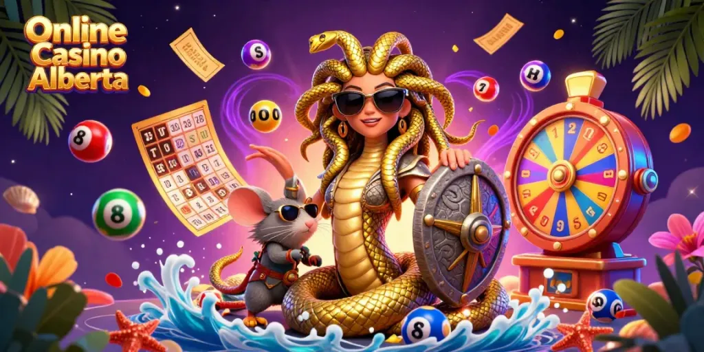 Play engaging games at Online Casino Alberta with Medusa and friends in a vibrant scene.