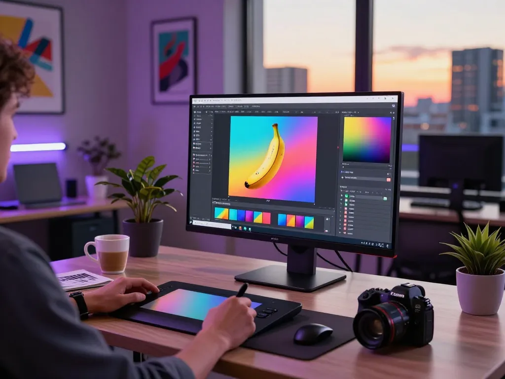 A graphic designer using nano banana 2 AI image editor in a modern workspace with vibrant visual edits on display.