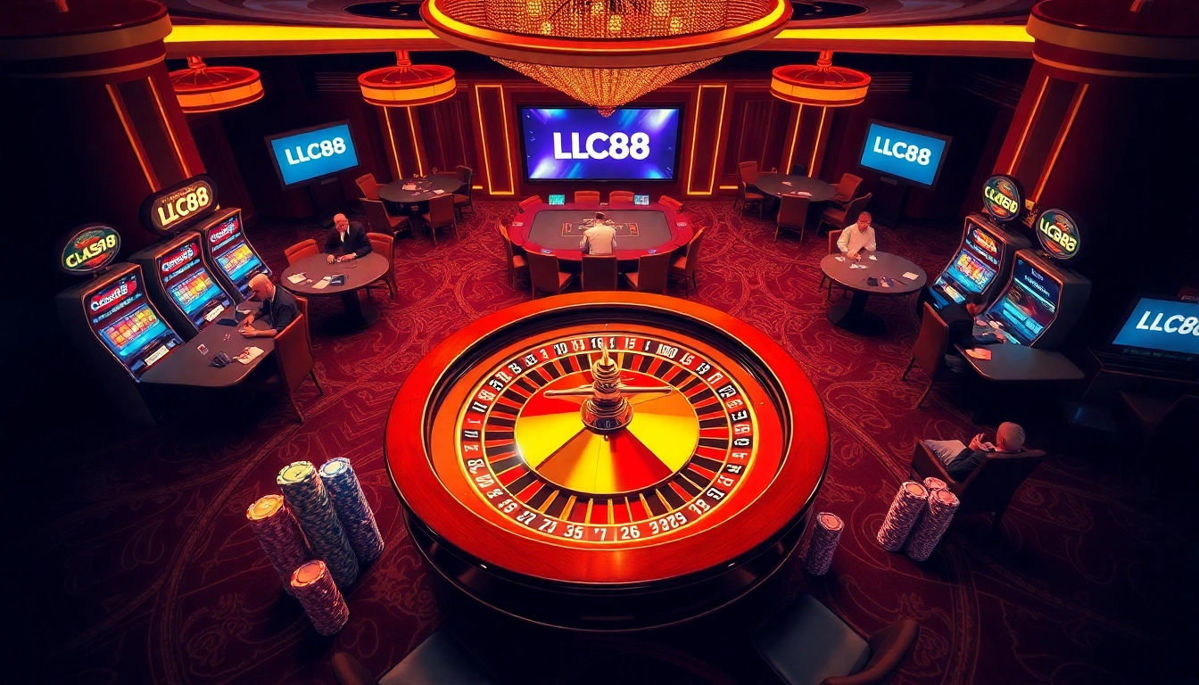 Exciting casino scene showcasing LC88 branding with roulette and poker tables.