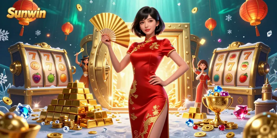 Engage with the Sunwin casino experience featuring vibrant visuals of winning games and treasures.