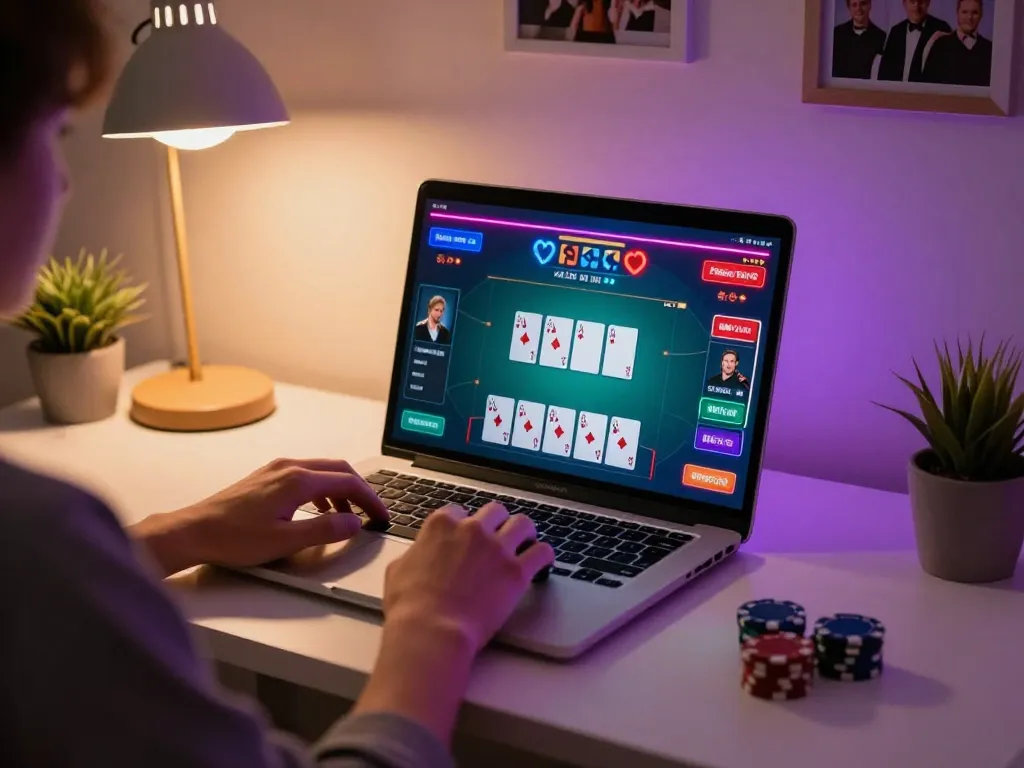 Person engaged in exciting online gambling at home using a laptop for casinos not on gamstop.
