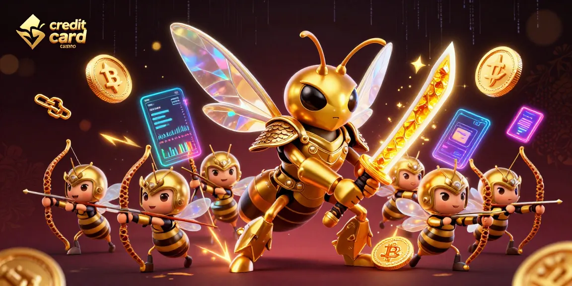 Engage with the vibrant scene of a credit card casino featuring a golden hornet leader and bee archers.