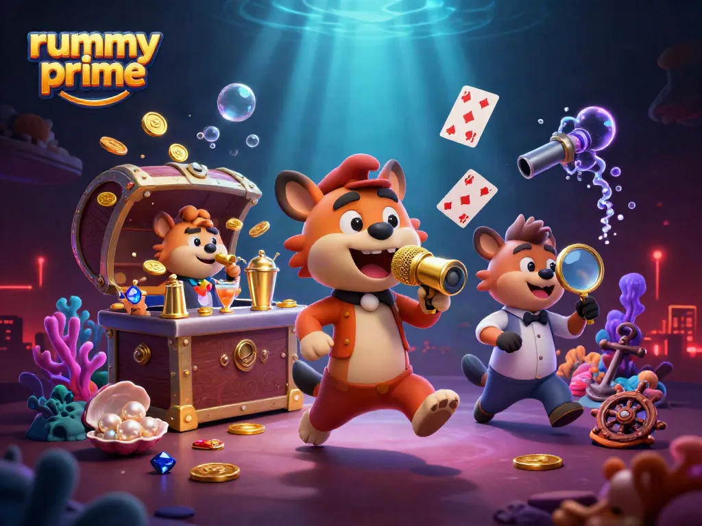 Rummy prime app showcases dynamic hyena characters in a colorful casino scene filled with gaming elements.