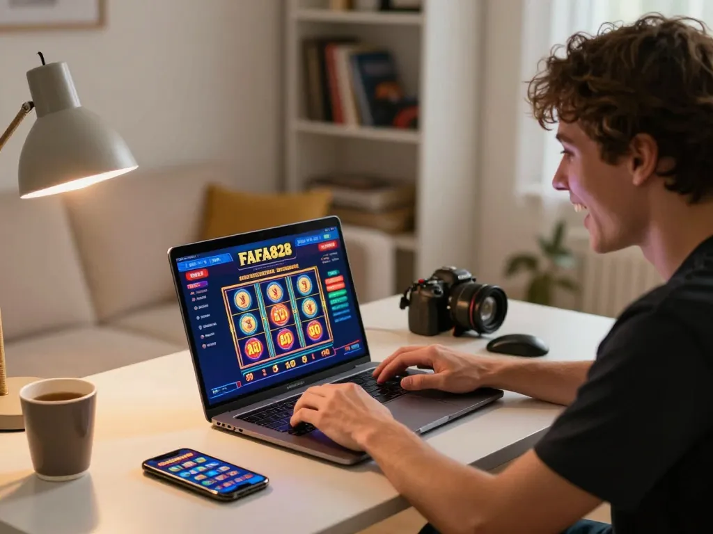 Engaged player exploring FAFA828's online slots in a cozy home setting.