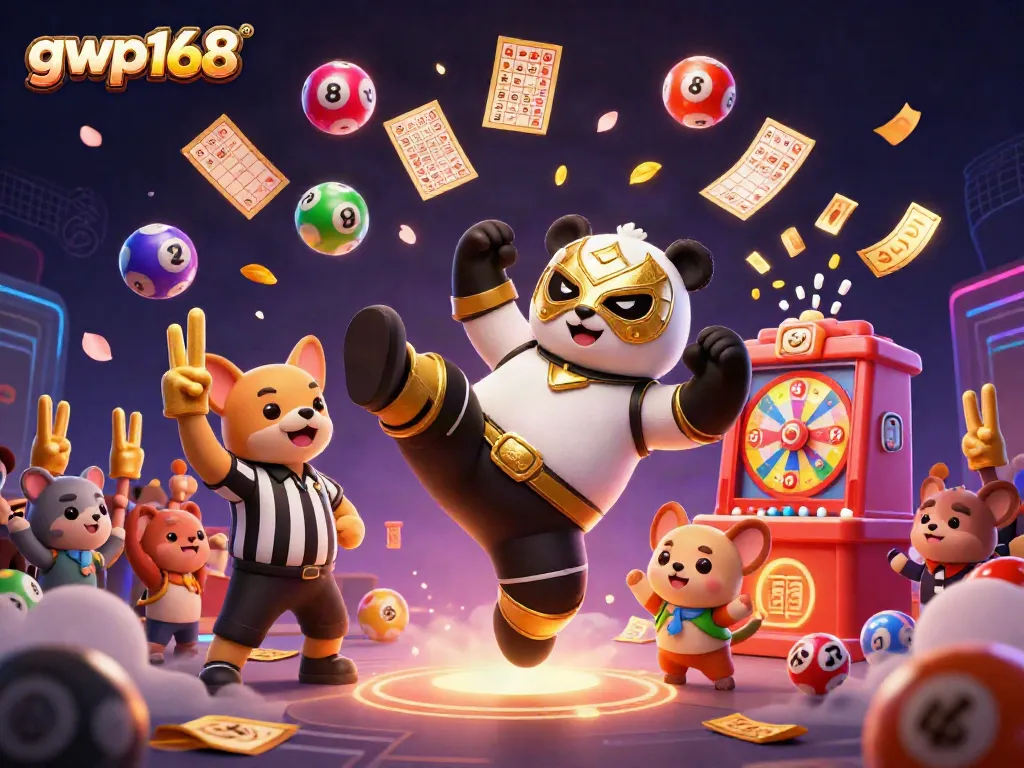 Permainan gwp168 menggairahkan dengan panda juara dan penonton hewan merayakan kemenangan.
