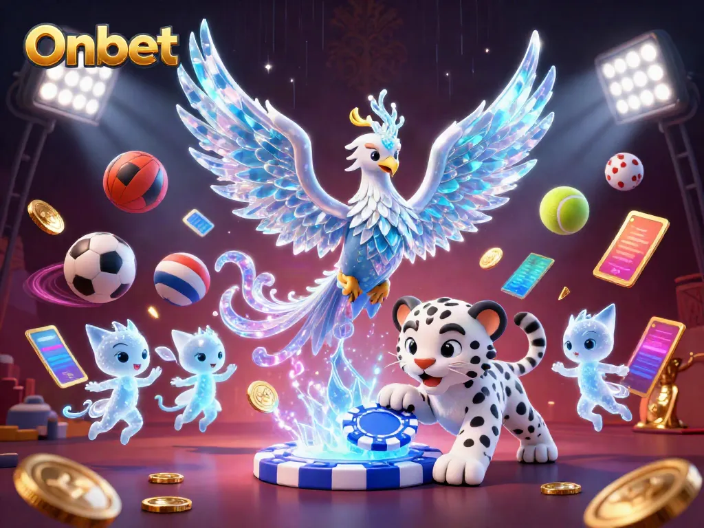 Experience thrilling gameplay with Onbet, featuring an ice phoenix, glowing sprites, and dynamic sports elements.