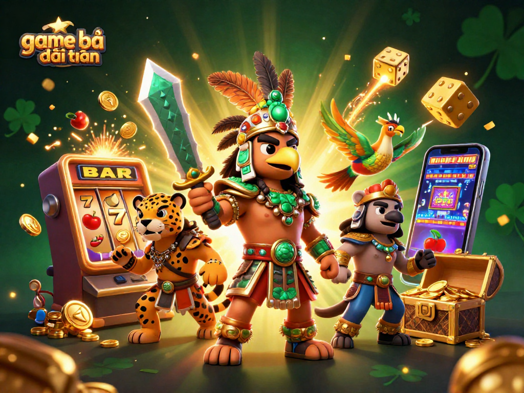 Engage in game bài đổi thưởng with 3D cartoon warriors and vibrant slots scene.