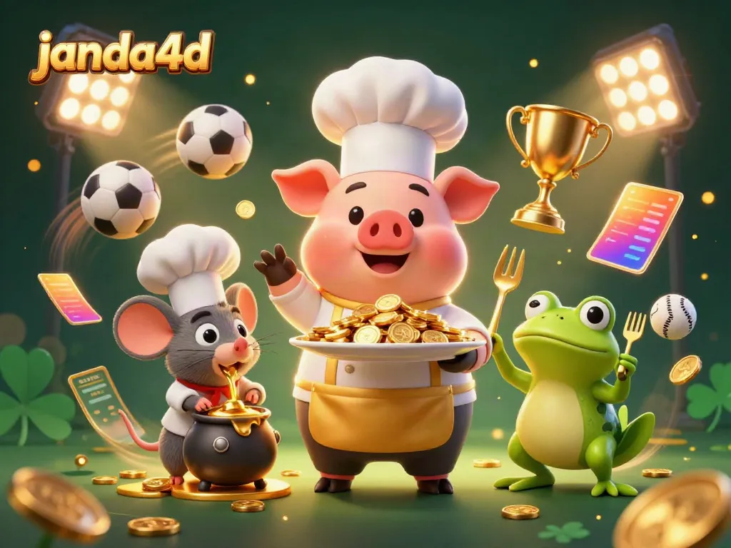 janda4d menampilkan ilustrasi kasino 3D dengan karakter yang menyajikan uang emas dan bola olahraga.