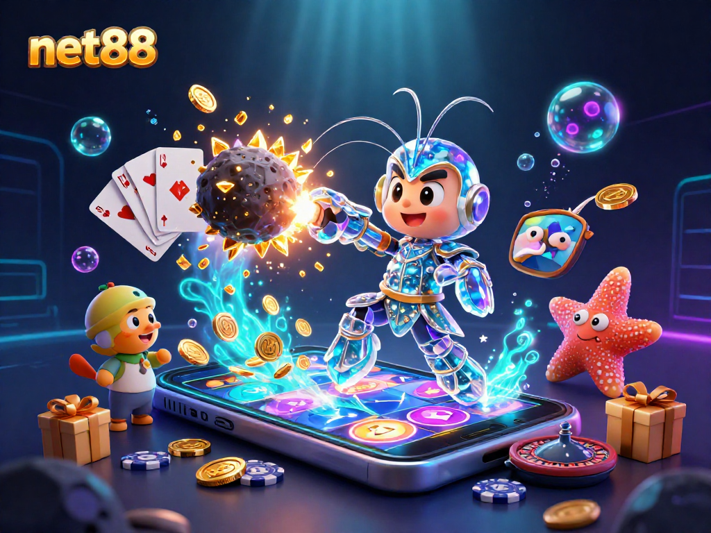 net88 showcases exciting slots with a galactic samurai mantis shrimp and vibrant casino elements.