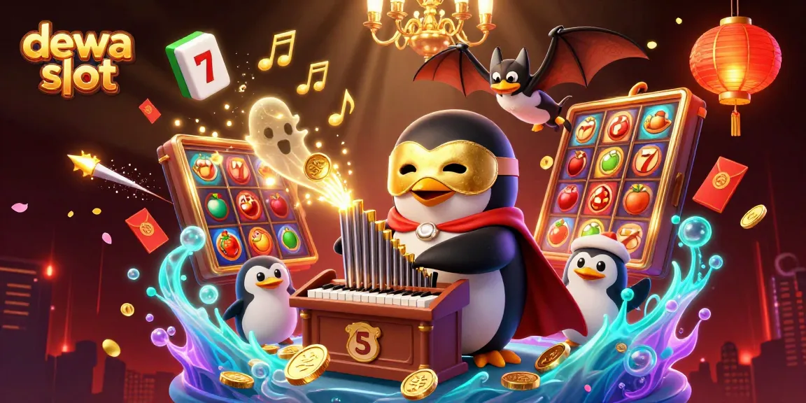 Dive into the action with Dewa Slot, featuring lively slot reels and engaging characters in vibrant colors.