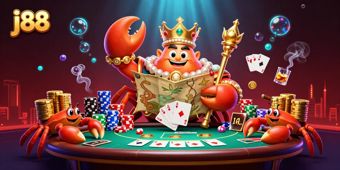 j88 golden crab emperor leading a vibrant poker scene with treasures and chips