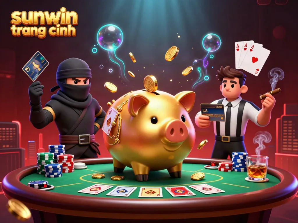Experience thrilling gameplay at sunwin trang chính with dynamic 3D illustration, showcasing golden piggy bank and competitive atmosphere.