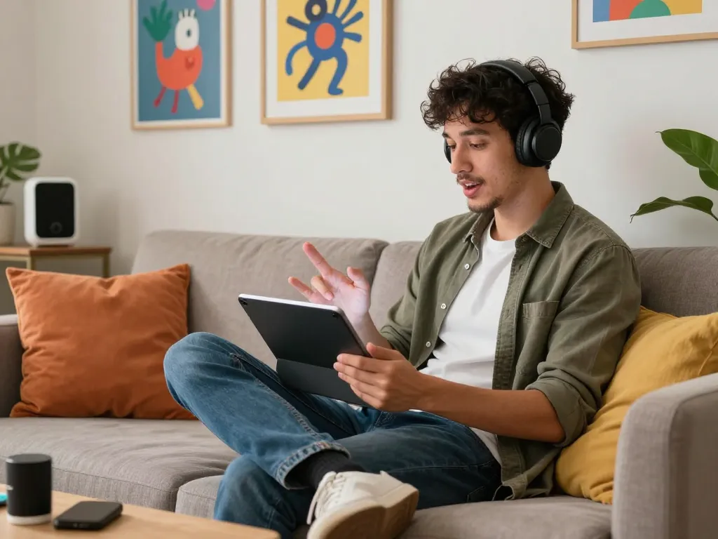 Engaging NSFW AI chat interface on tablet in cozy urban lounge setting.