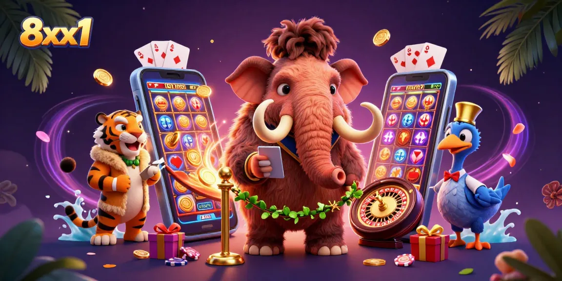 Play vibrant slot games at 8xx1 as a woolly mammoth bouncer checks IDs, ensuring a fun experience.