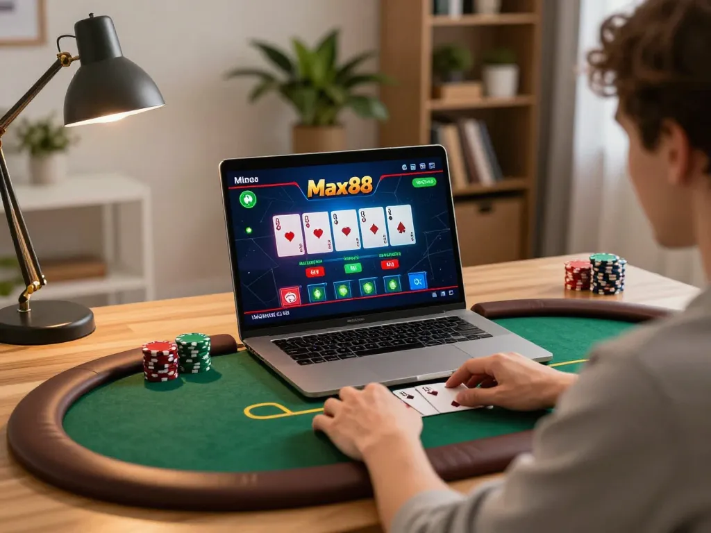Max88 online poker player engaged with betting strategy in a cozy home setting, showing excitement and focus.