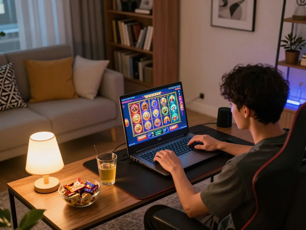 Situs slot gaming in a cozy home setup showcasing a player using a laptop for online slots