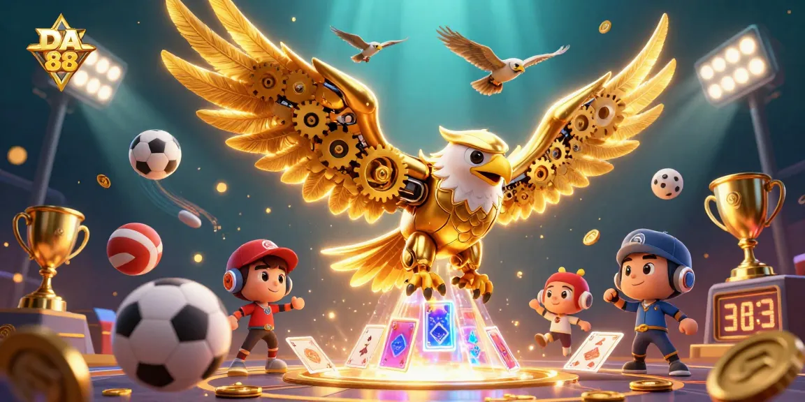 Engage with DA 88 through dynamic sports-themed casino action featuring golden eagle and holographic cards.