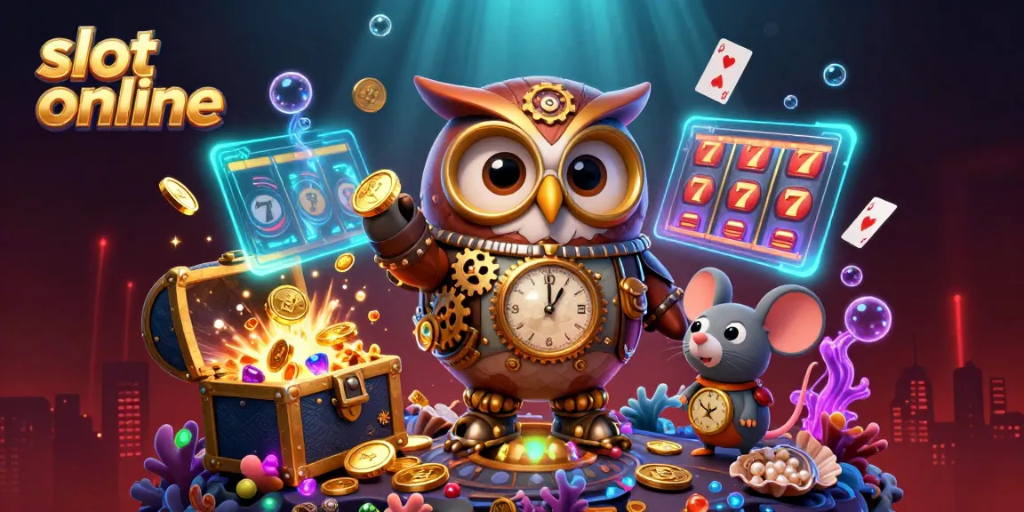 Menggandeng slot online, ilustrasi kasino dengan karakter kartun 3D seperti burung hantu dan tikus mengelilingi peti harta karun.