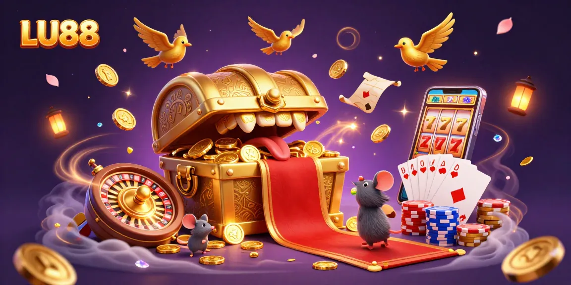 Experience the thrill of LU88 with vibrant casino elements and golden treasures in this 3D illustration.