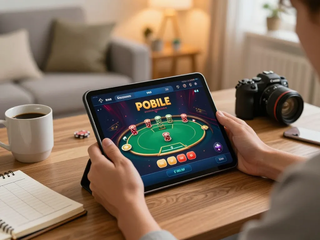 spinadvisor user analyzing strategies while playing poker on a tablet in a cozy home setting